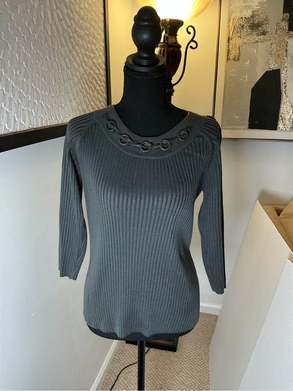R.Q.T. Charcoal Gray Ribbed Knit Top Large Grommet Lace Neckline